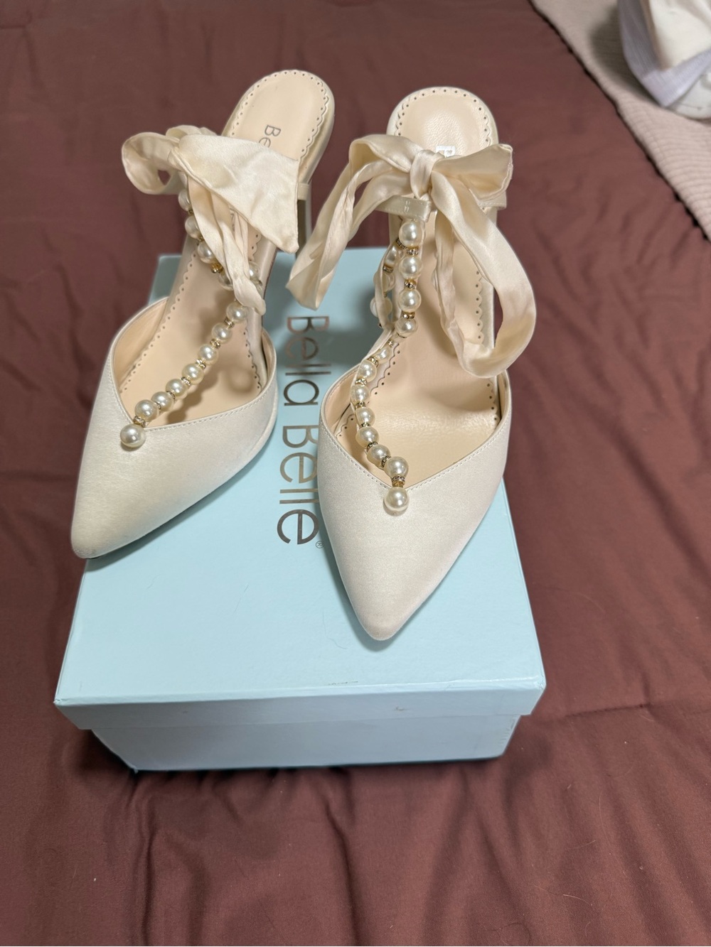 Bella Belle Lisbeth Bridal Heels- Pearl-Trim Satin Pointed-Toe Heels in Ivory - Picture 3 of 15